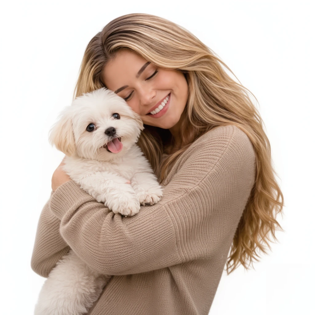 Frau hält einen kleinen Hund liebevoll im Arm