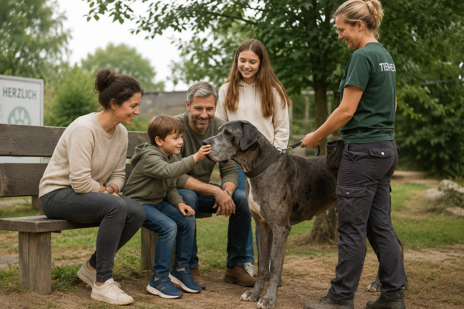 Familie bei einer Tierheim-Besichtigung mit einem grossen Hund, daneben eine Mitarbeiterin mit Tierheim-Shirt