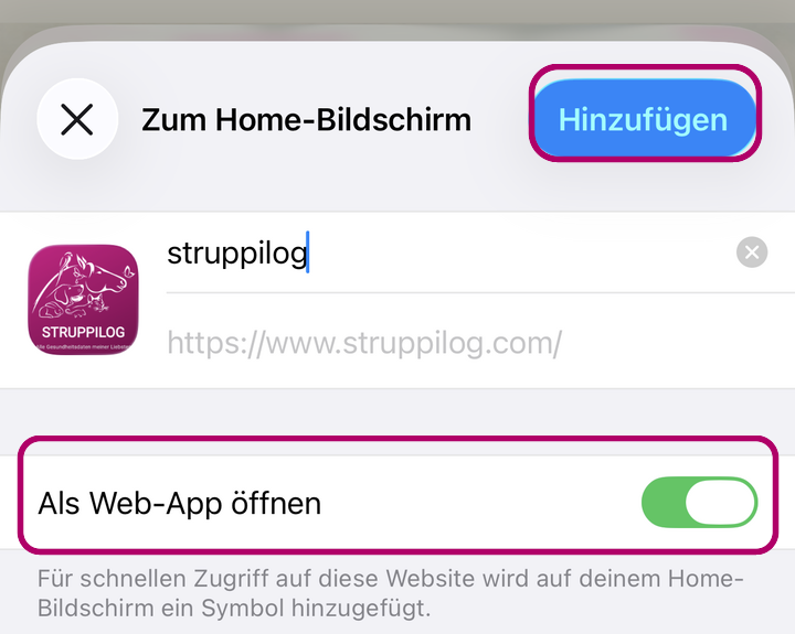Zum Home-Bildschirm mit Hinzufügen und Als Web-App öffnen
